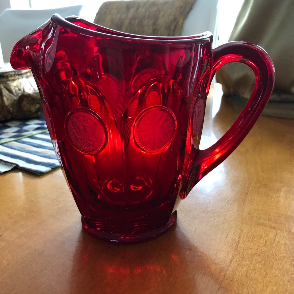 Red coin glass pitcher depression glass